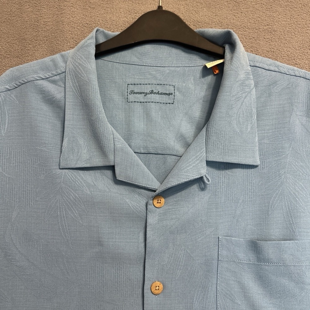 Tommy Bahama 100% Silk Camp Shirt Loop Collar S/S Jacquard Mens 2XB Big Blue